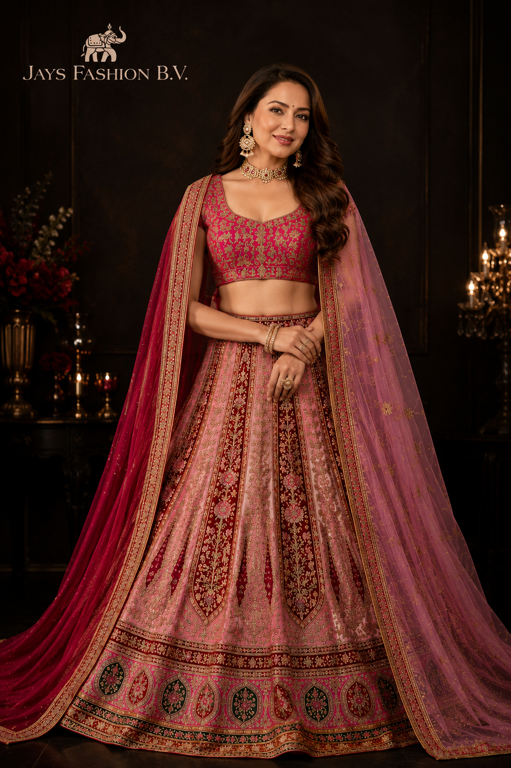 Roze Luxe Lehenga XXXL (48-50) Set met Groen/Gouden Borduursels en Dubbele Dupatta - Afbeelding 2