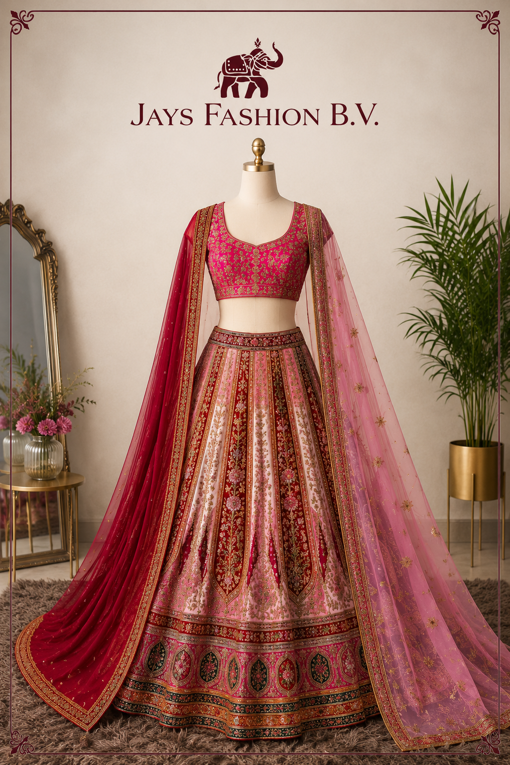 Roze Luxe Lehenga XXXL (48-50) Set met Groen/Gouden Borduursels en Dubbele Dupatta - Afbeelding 3