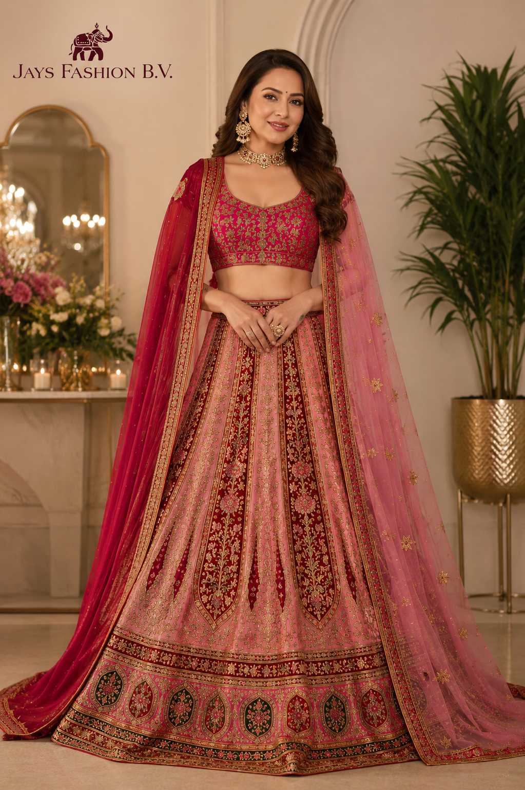 Roze Luxe Lehenga XXXL (48-50) Set met Groen/Gouden Borduursels en Dubbele Dupatta - Afbeelding 4
