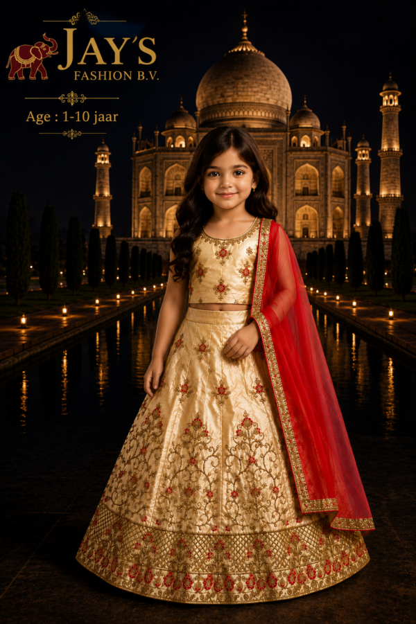 Luxe Gouden Kinder Lehenga met Rode Dupatta | Meisjes Feestkleding 1-10 Jaar