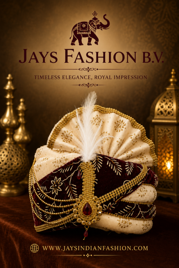 Luxe Maharaja Tulband – Crème & Bordeaux met Gouden Borduursels