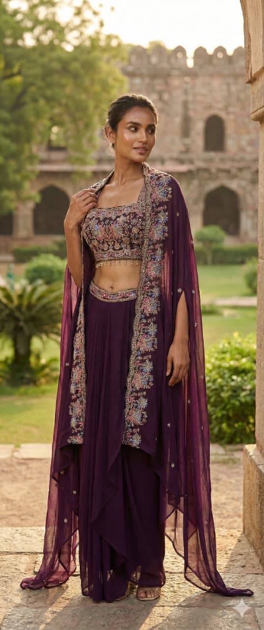 Paarse Lehenga Set met Luxe Borduursel - Afbeelding 4