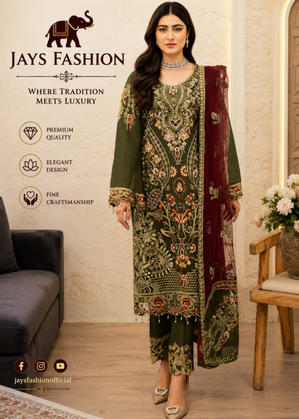 Luxe Olijfgroene 3-delige Salwar Kameez met Rijke Borduursels