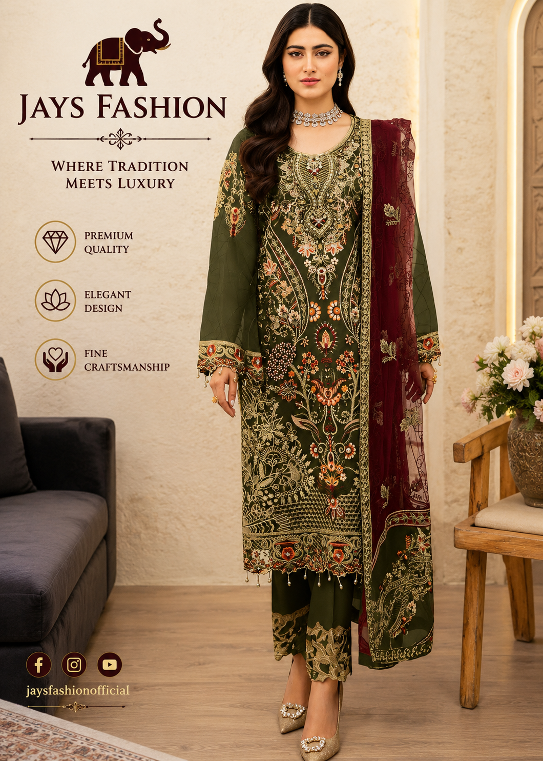 Luxe Olijfgroene 3-delige Salwar Kameez met Rijke Borduursels
