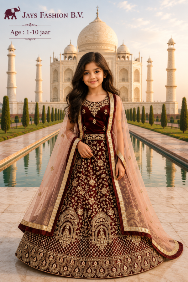 Luxe Kinder Lehenga Donkerrood met Gouden Borduursels (1 t/m 10 jaar)