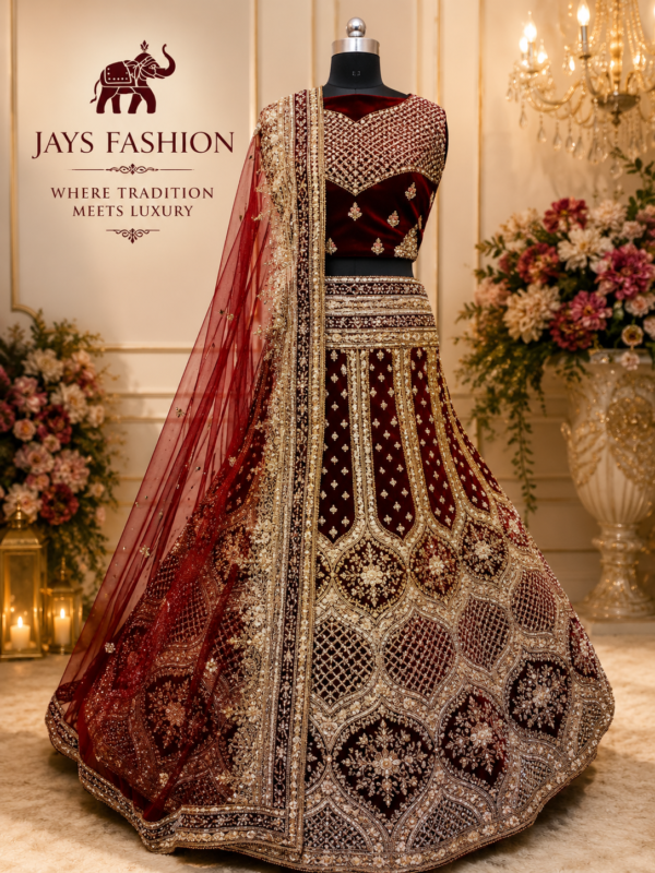 Luxe Bordeaux Rode Bridal Lehenga met Gouden Borduurwerk