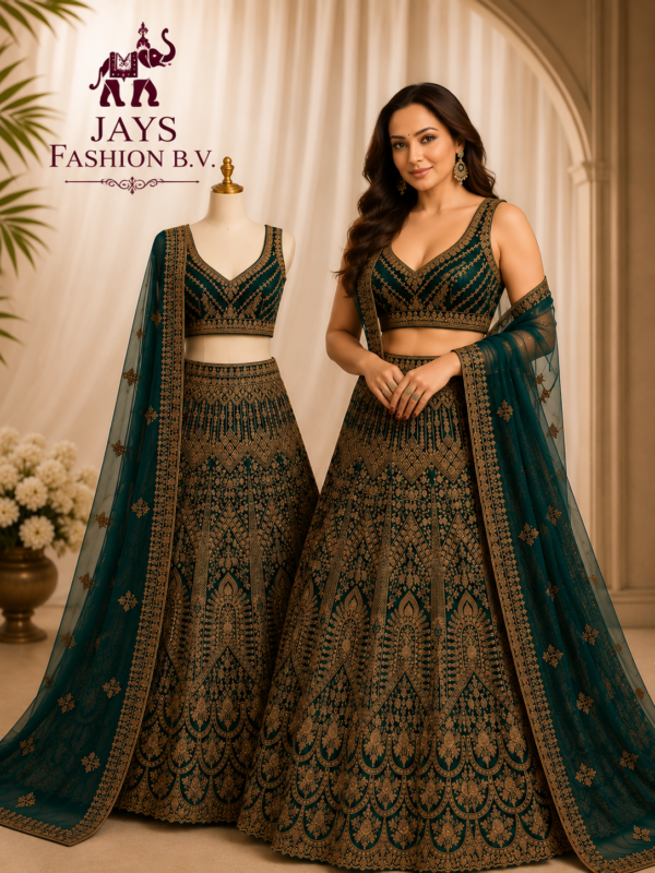 Luxe Donkergroene Lehenga Rok, Blouse en sjaal – Rijk Geborduurd XXXL