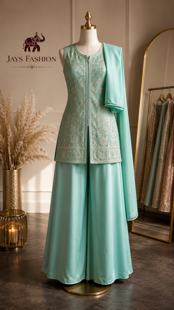 Mintgroene Salwar Palazzo Set met Luxe Borduursel