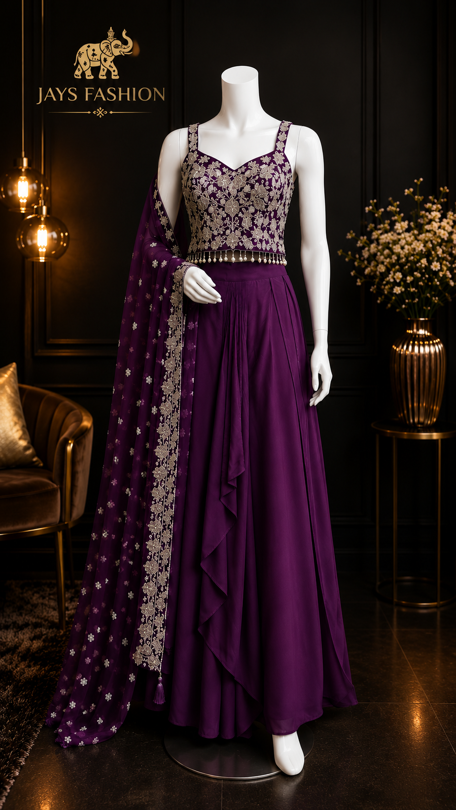 Paarse Lehenga Set met Luxe Borduursel - Afbeelding 3