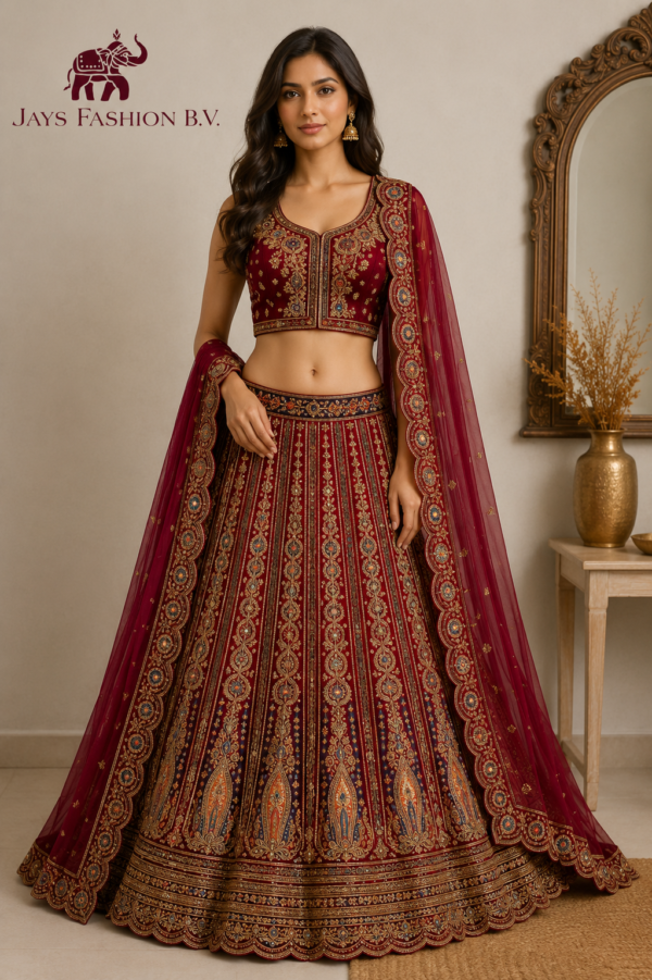 Luxe Maroon Bridal Lehenga met Dubbele Dupatta – Handgeborduurd
