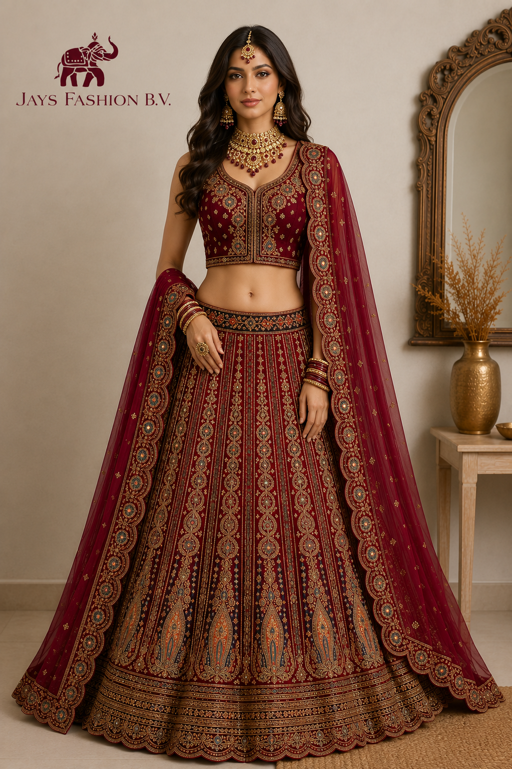 Luxe Maroon Bridal Lehenga met Dubbele Dupatta – Handgeborduurd - Image 2