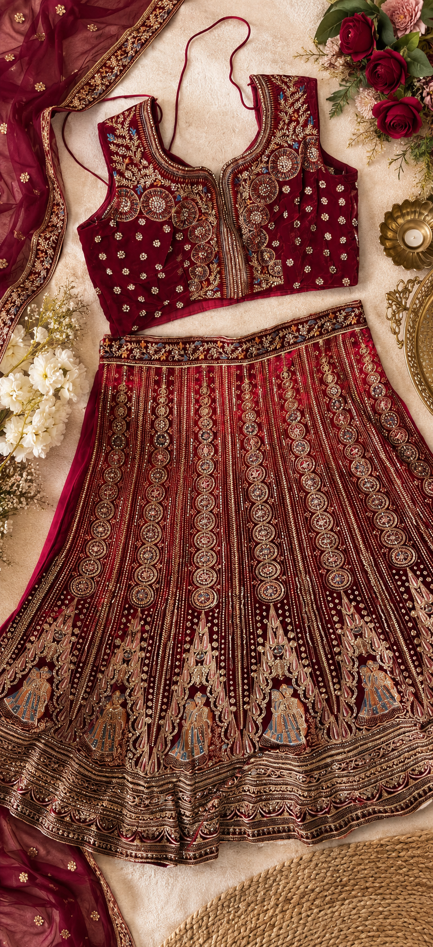 Luxe Maroon Bridal Lehenga met Dubbele Dupatta – Handgeborduurd - Image 3