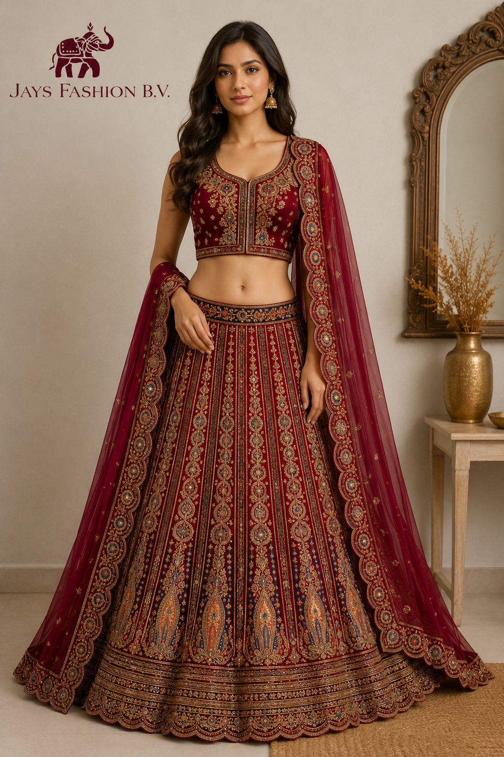 Luxe Maroon Bridal Lehenga met Dubbele Dupatta – Handgeborduurd