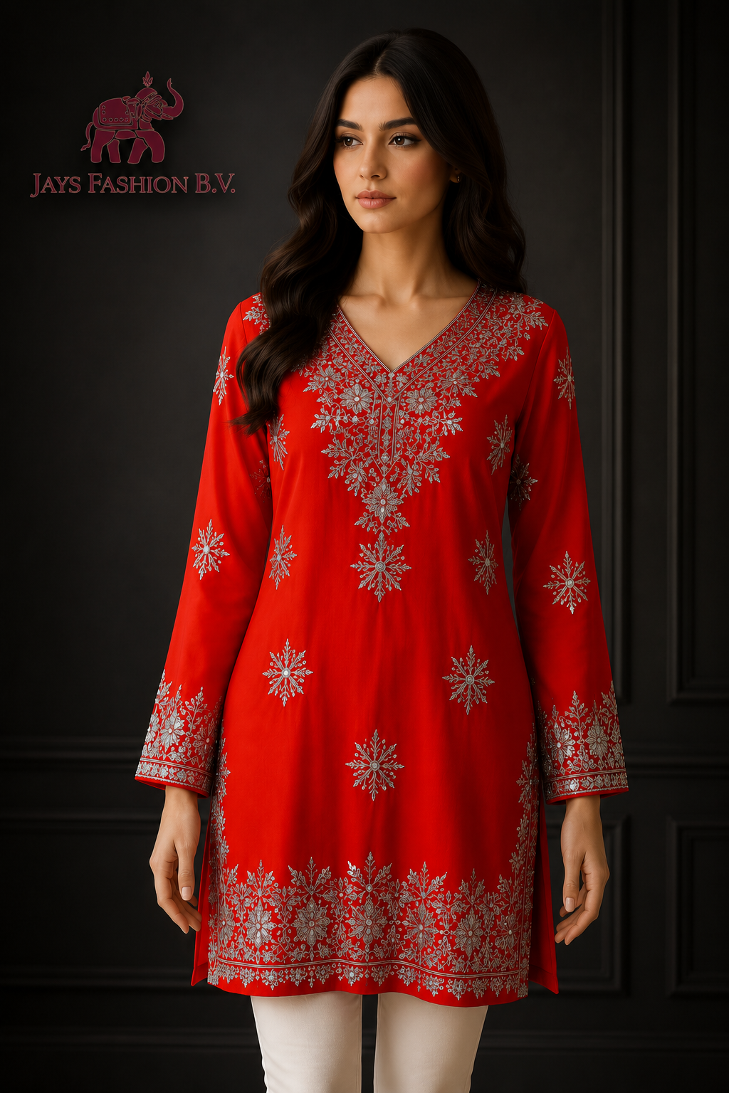 Rode Kurti met Zilveren Borduursels – Luxe Indiase Dames Tuniek - Afbeelding 2