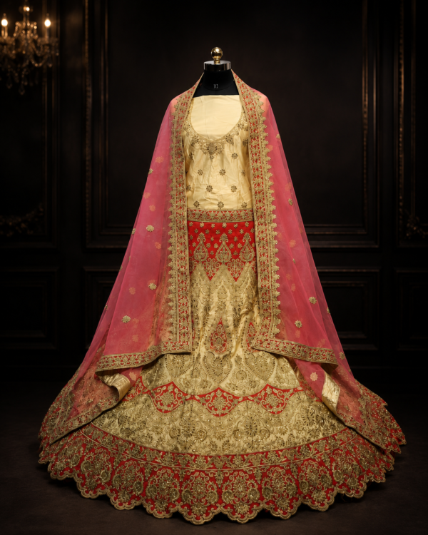 Luxe Geborduurde Lehenga Set – Crème/Rood