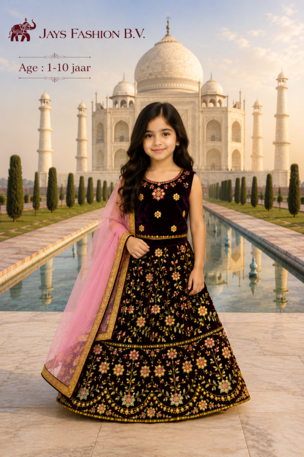 Kids Lahenga – Luxe Geborduurde Feestjurk met Dupatta (1-10 jaar)