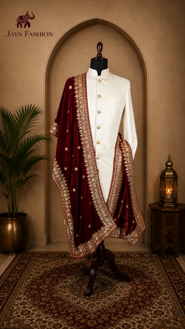 Maroon Velvet Shawl met Luxe Gouden Borduursel