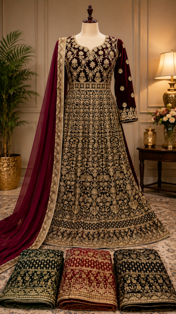 Luxe Velvet Designer Suit – Wine & Blue
