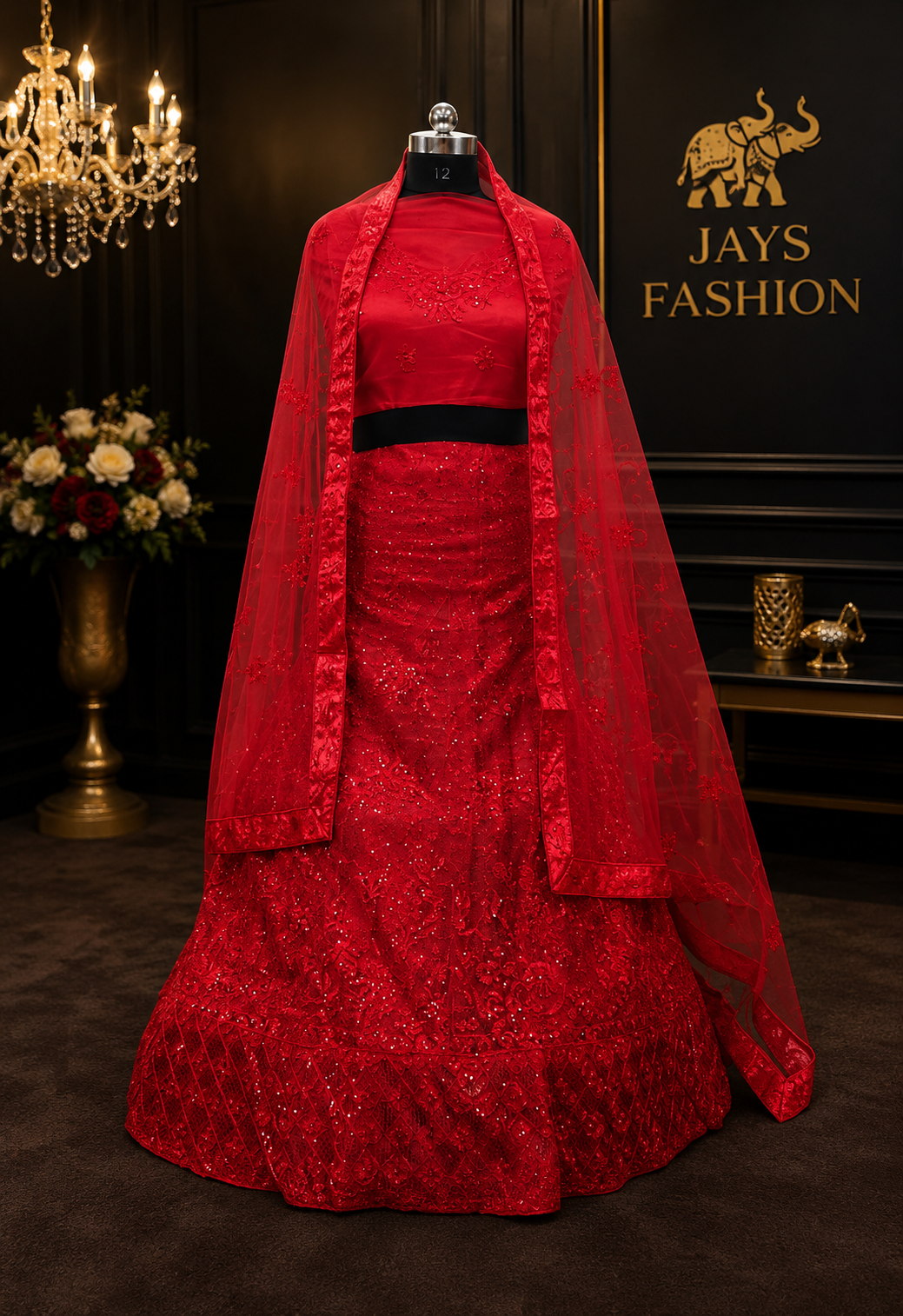 Rode Luxe Feestjurk met Geborduurde Dupatta - Afbeelding 2