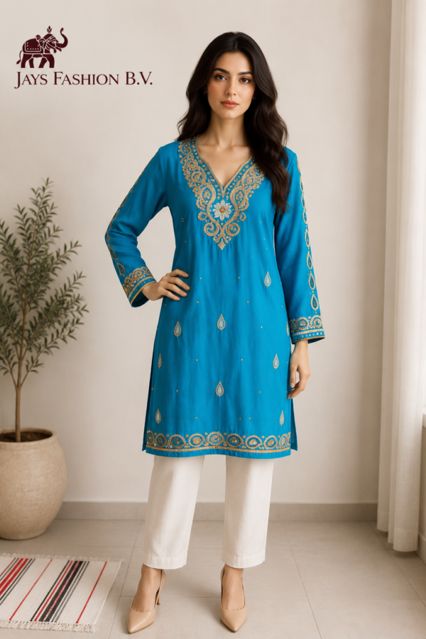 Dames Tuniek Blauw met Gouden Borduursels – Elegante Pakistani Kurti