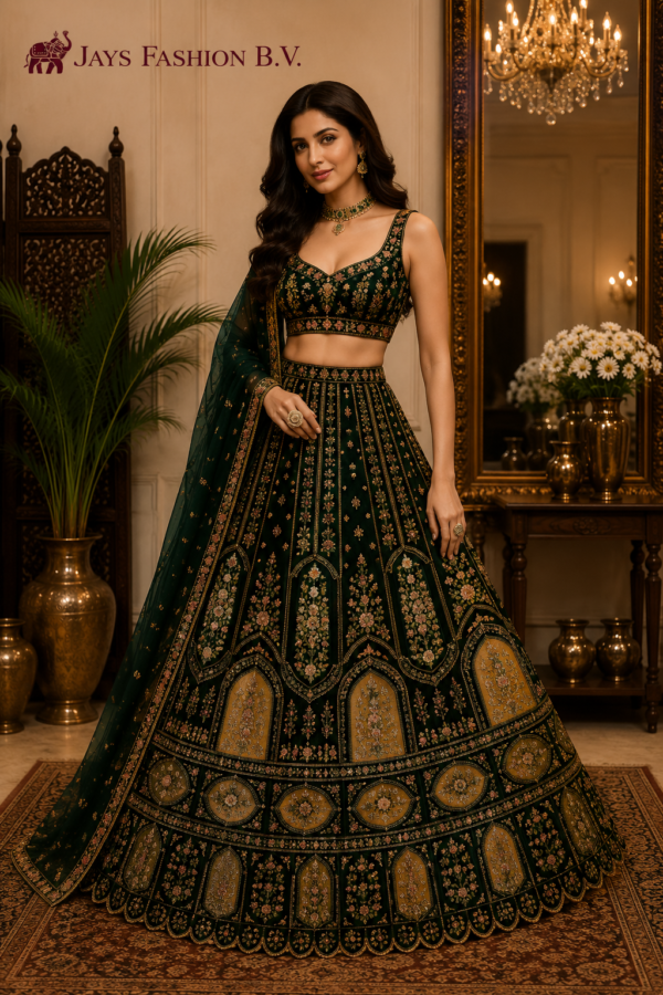 Luxe Donkergroene Lehenga XXXL (48-50) Rok, Blouse en sjaal – Rijk Geborduurd