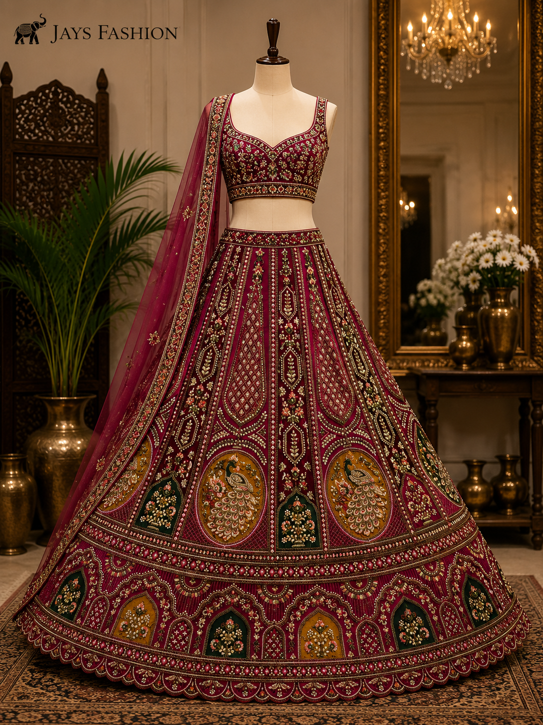 Luxe Wijnrode Lehenga Set XXXL (48-50) – 2 sjaals Rijk Geborduurd - Afbeelding 3