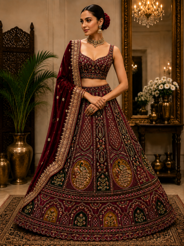 Luxe Wijnrode Lehenga Set XXXL (48-50) – 2 sjaals Rijk Geborduurd