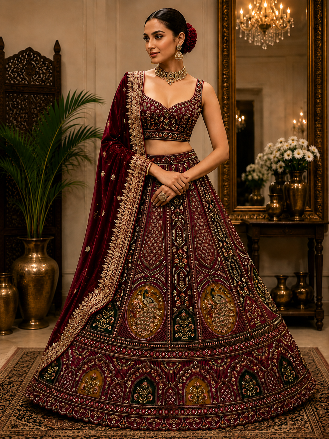 Luxe Wijnrode Lehenga Set XXXL (48-50) – 2 sjaals Rijk Geborduurd