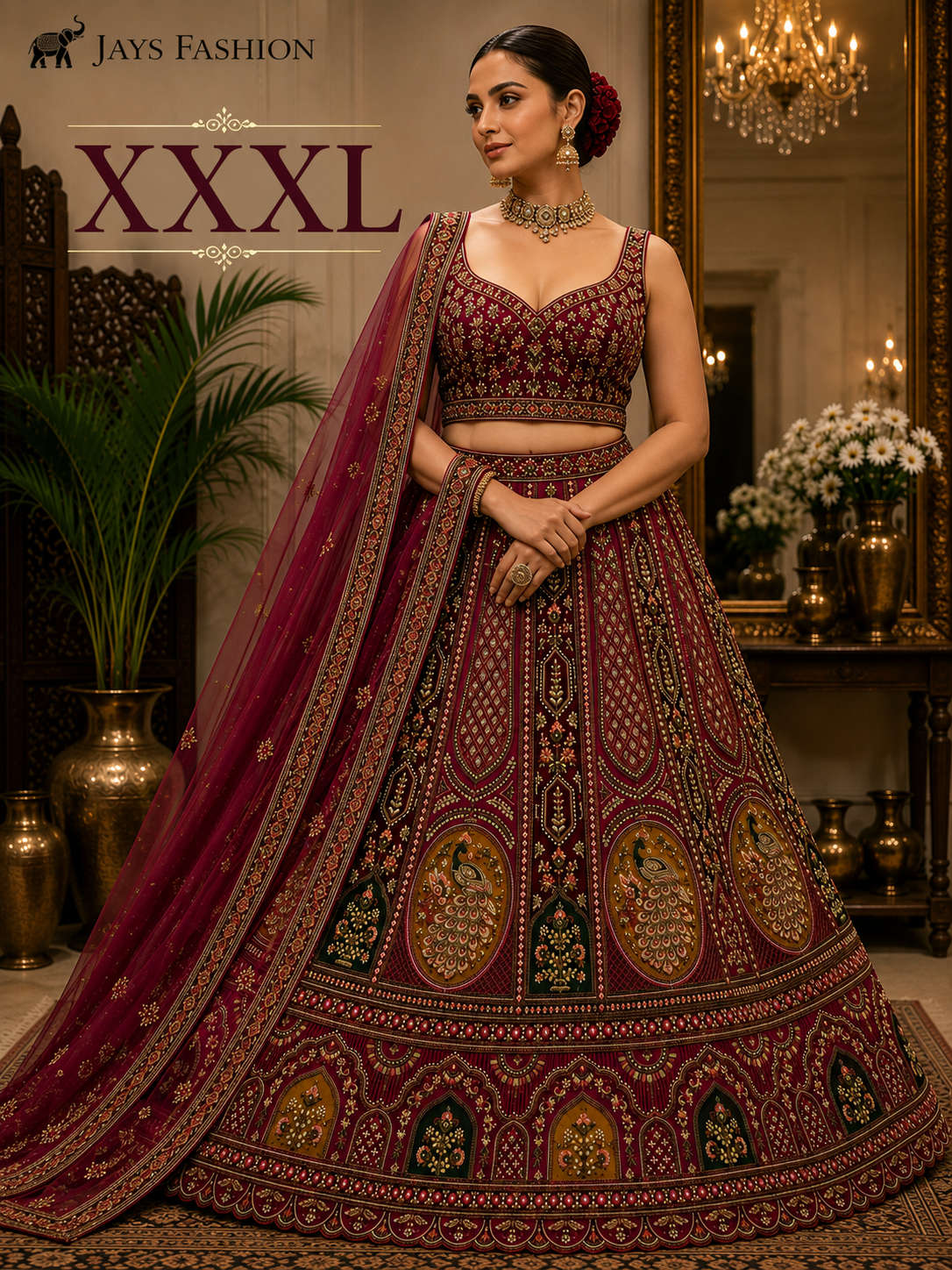 Luxe Wijnrode Lehenga Set XXXL (48-50) – 2 sjaals Rijk Geborduurd - Afbeelding 5