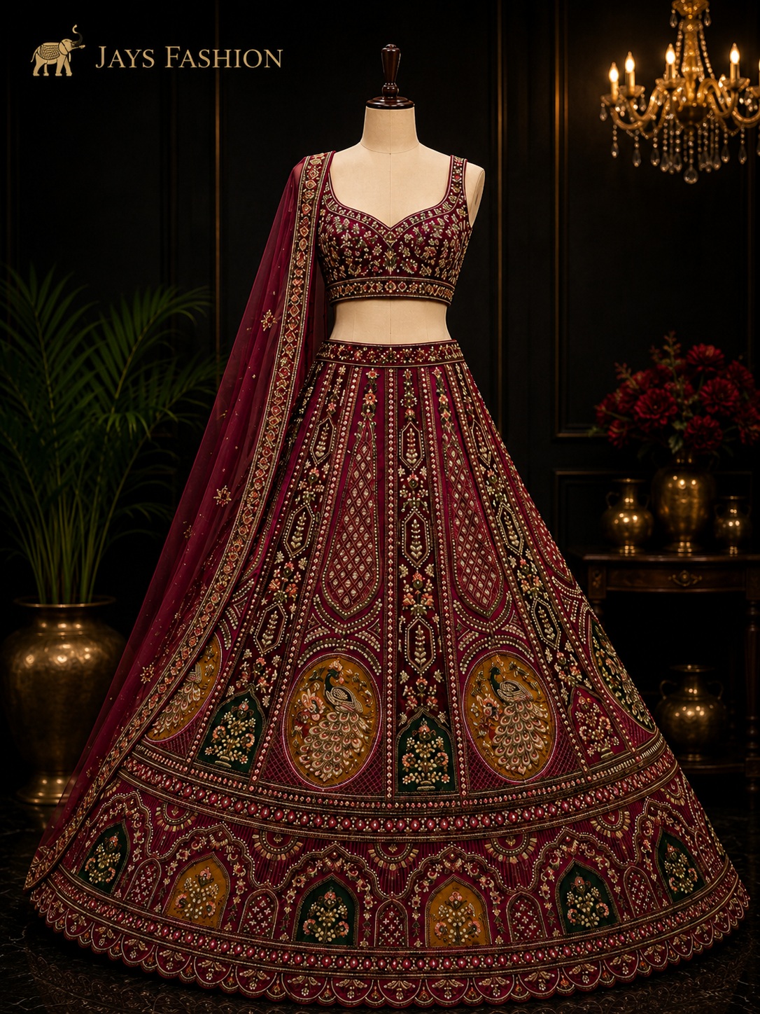 Luxe Wijnrode Lehenga Set XXXL (48-50) – 2 sjaals Rijk Geborduurd - Afbeelding 2