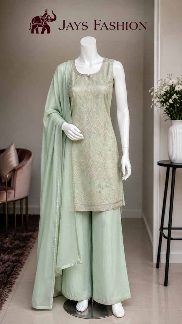 Mintgroene Luxe Salwar Pak – Elegantie met Gouden Borduursels