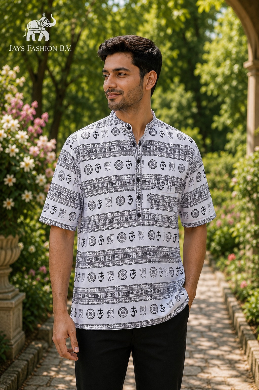 Heren Kurta Kort– Geel met Traditionele Spirituele Print - Afbeelding 3