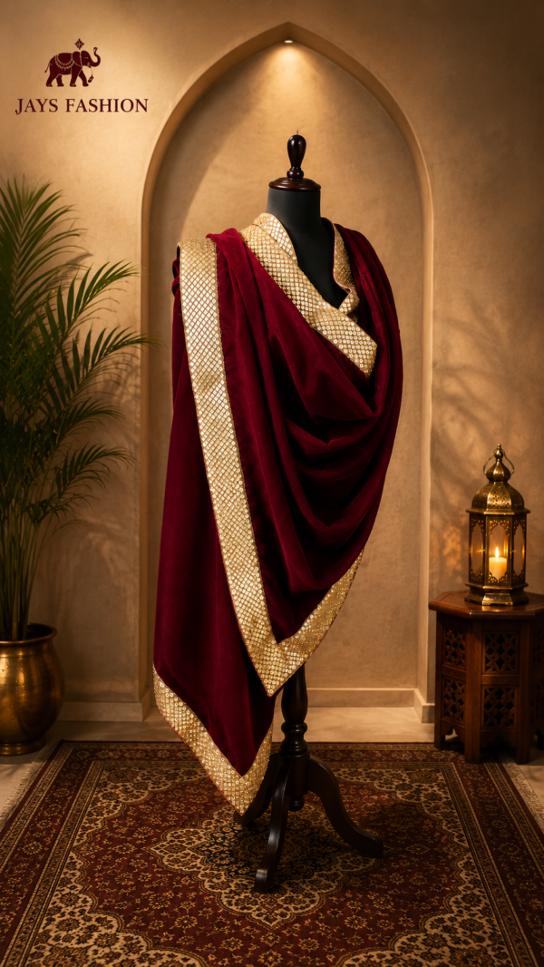 Maroon Velvet Shawl met Gouden Paillettenrand