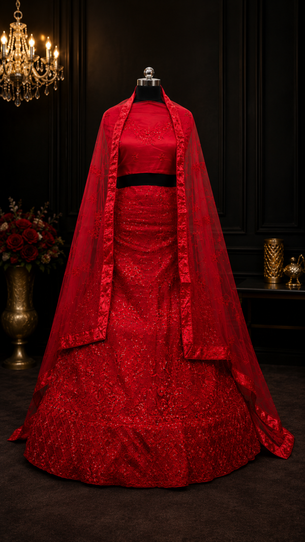 Rode Luxe Feestjurk met Geborduurde Dupatta