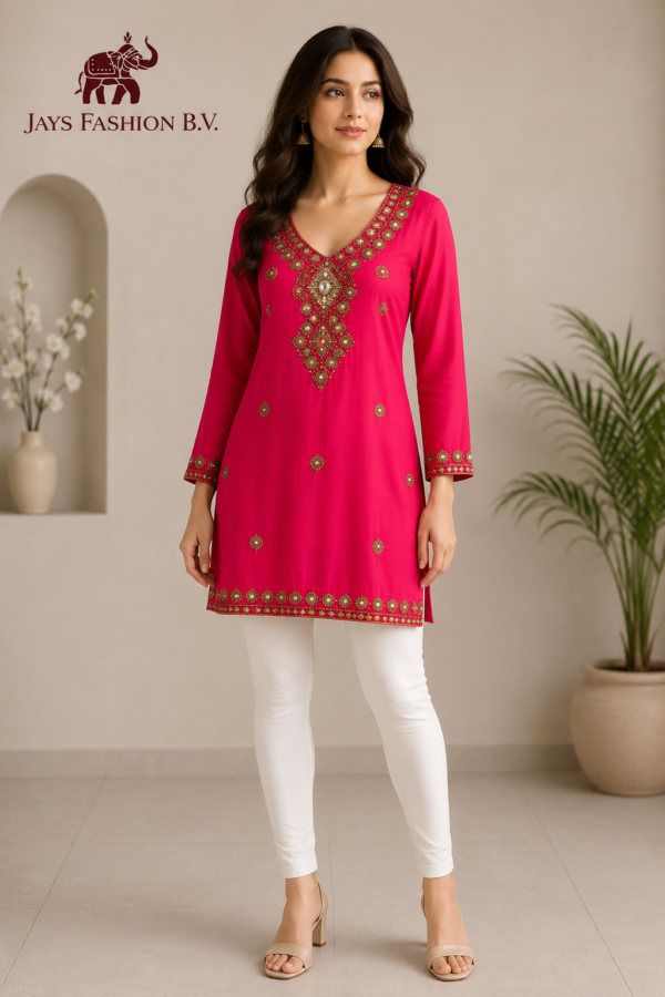 Fuchsia dames tuniek (Kurti) met gouden borduursel