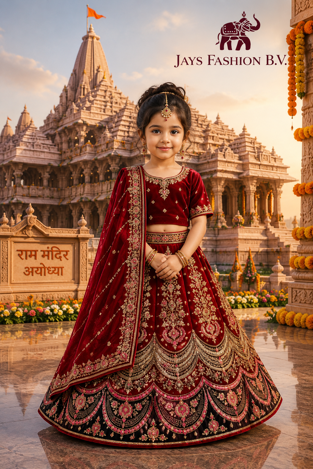 Luxe Rode Fluwelen Kinder Lehenga Choli met Gouden Borduursels