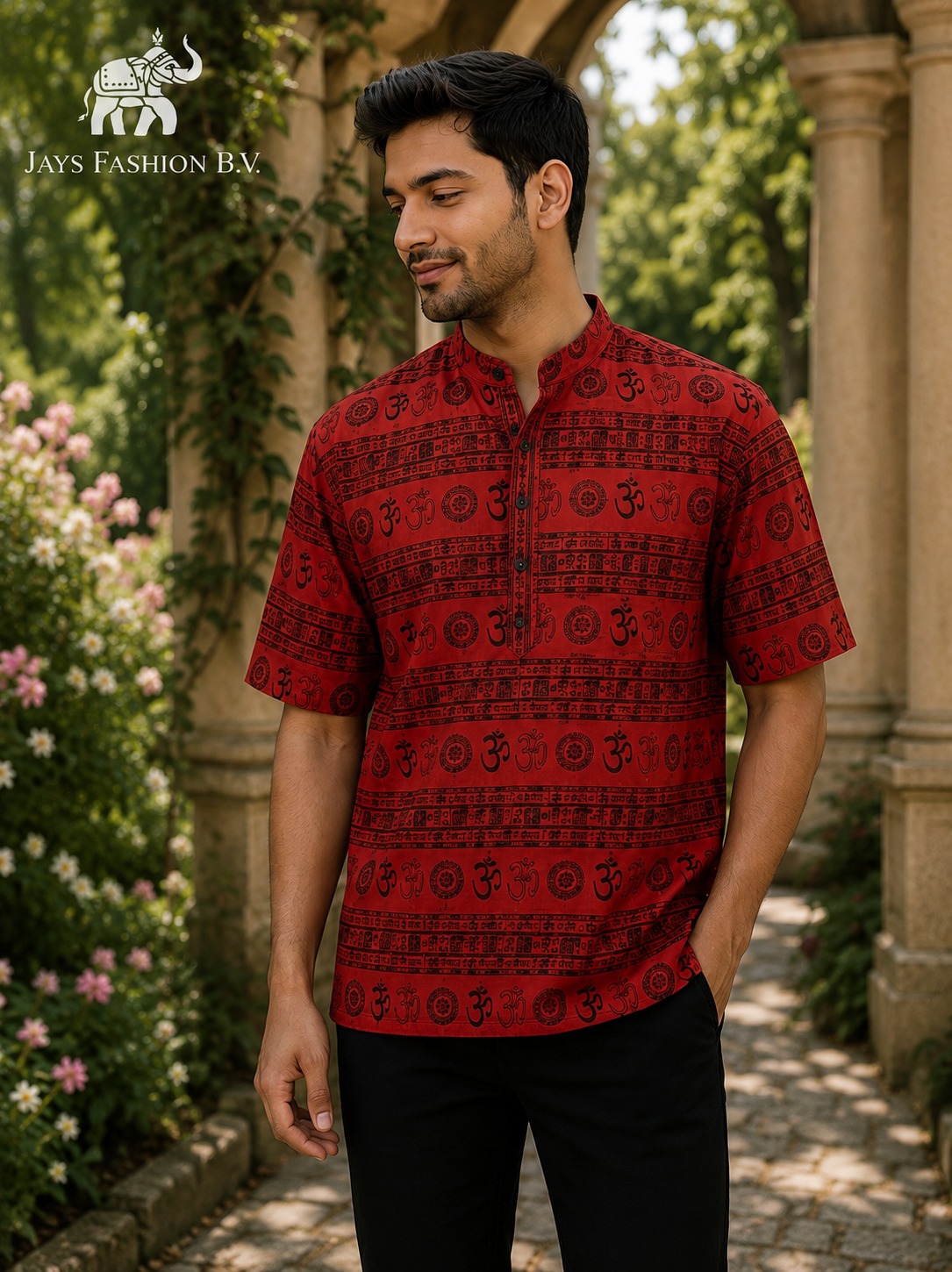 Heren Kurta Kort– Geel met Traditionele Spirituele Print - Afbeelding 4