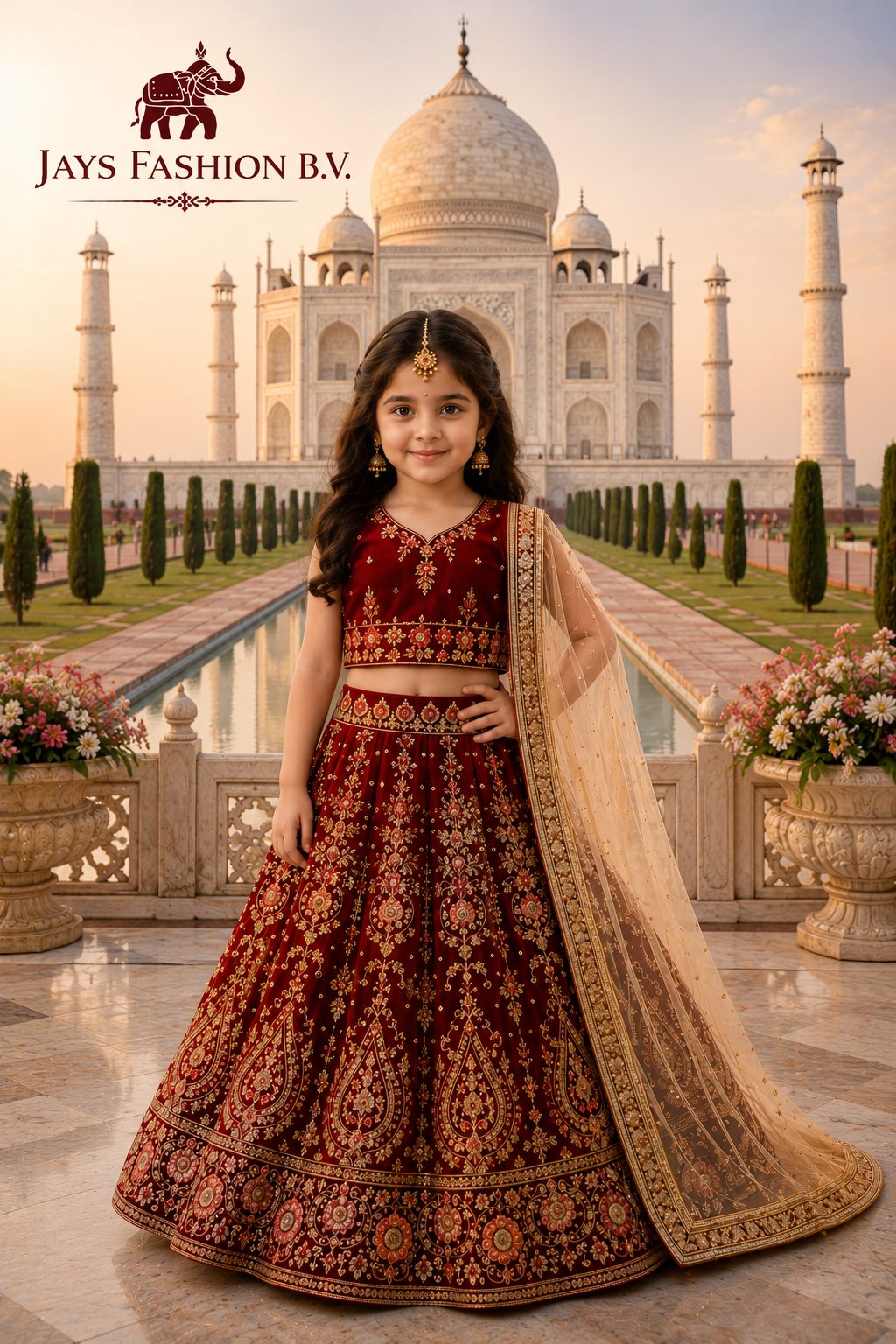 Rode Kinder Lehenga Choli met Luxe Gouden Borduursels