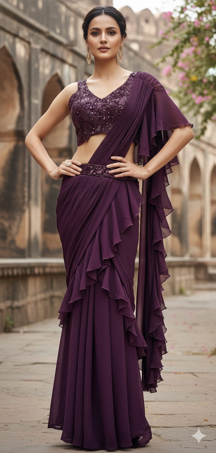Paarse Lehenga Set met Luxe Borduursel - Afbeelding 6