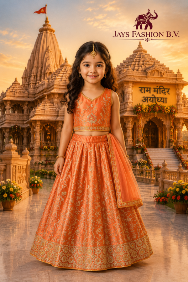 Zalmkleurige Kinder Lehenga Choli met Gouden Borduursel