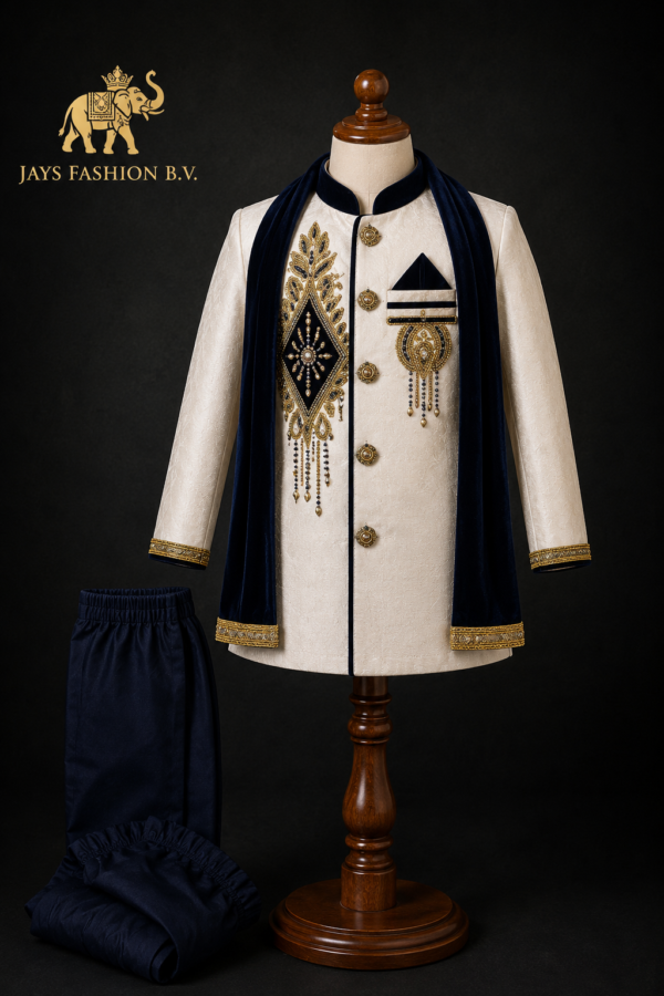 Kinder kurta/Sherwani Set – Ivoor met Donkerblauwe Details