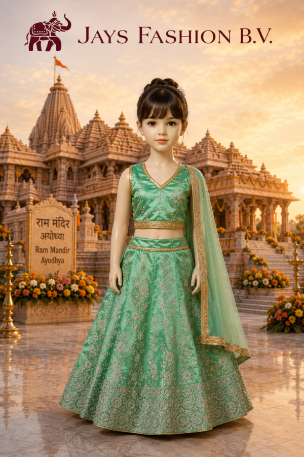 Meisjes Lehenga Choli Mintgroen met Gouden Borduursels