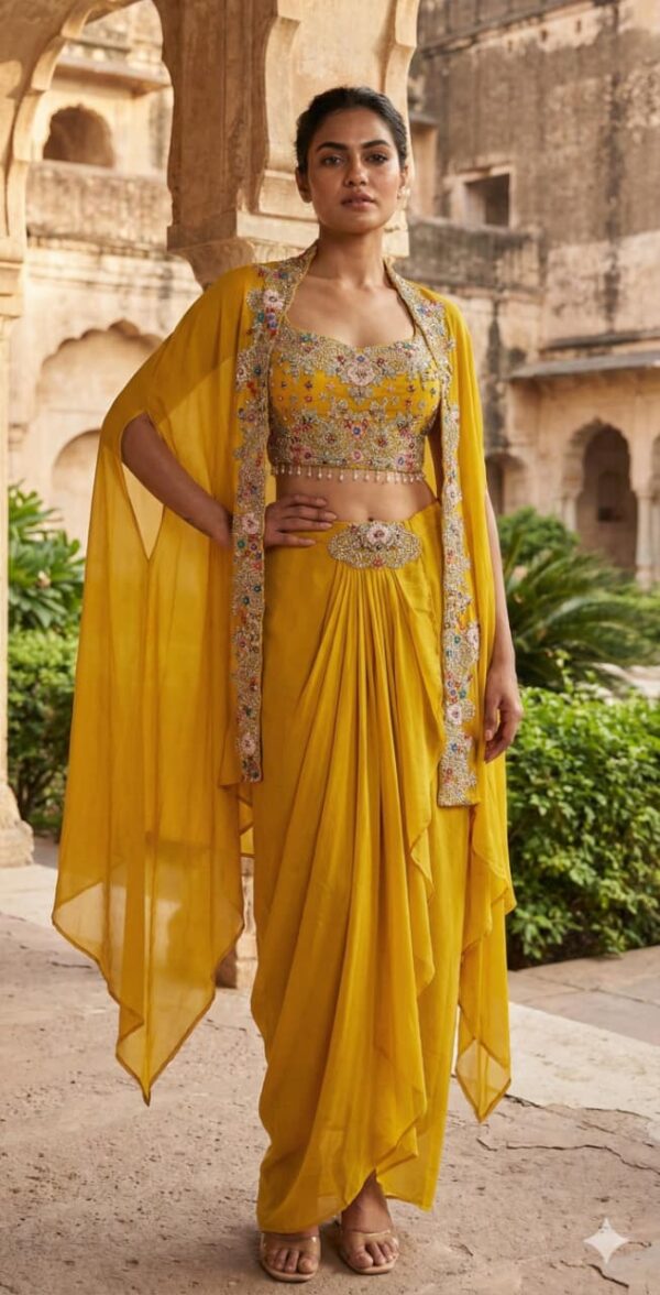 Luxe Drape Saree Set – Mosterdgeel