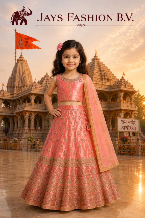 Kinder Lehenga Set Roze met Gouden Borduursels