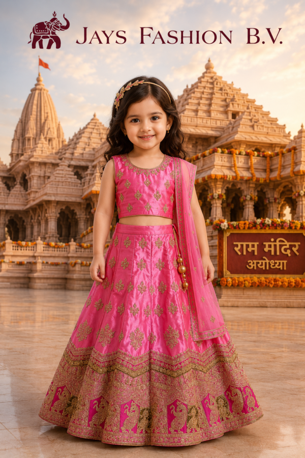 Meisjes Lehenga Choli Fuchsia Roze met Gouden Borduursels