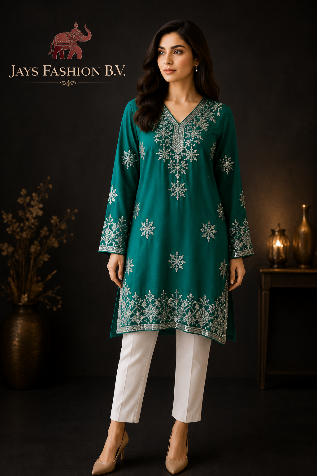 Groene dames Kurti met zilverkleurig borduursel (Tuniek) - Afbeelding 2