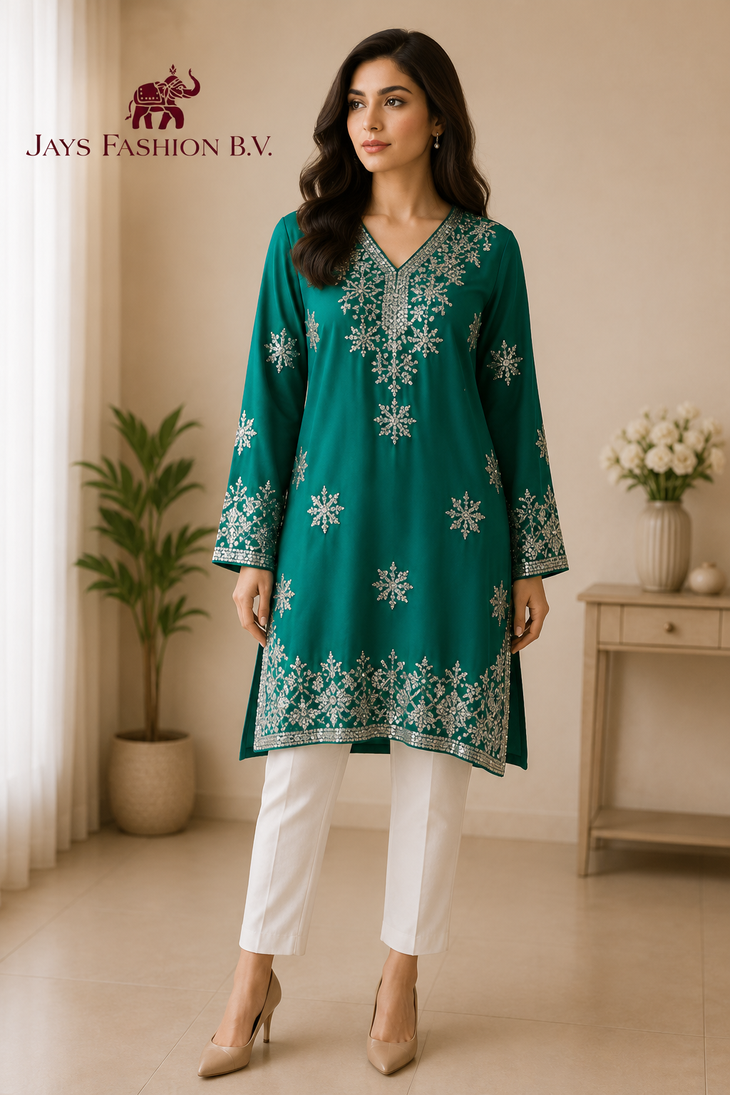 Groene dames Kurti met zilverkleurig borduursel (Tuniek)