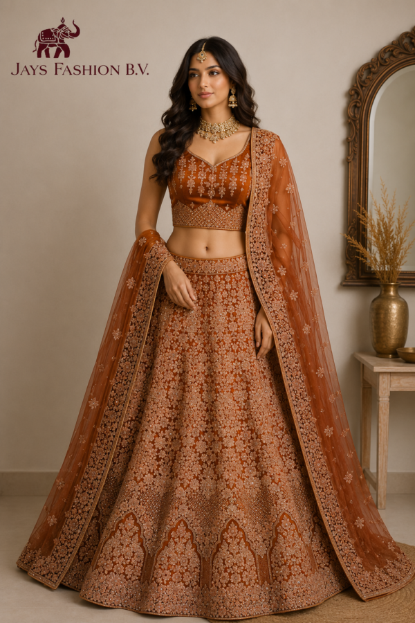 Luxe Koperkleurige Bruids Lehenga met Zware Borduursels en Dupatta