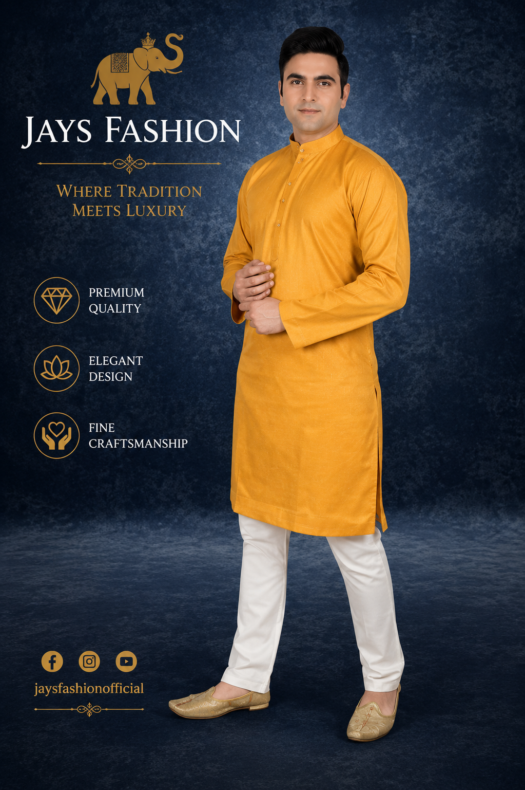 Premium Heren Kurta – Mosterdgeel - Afbeelding 2