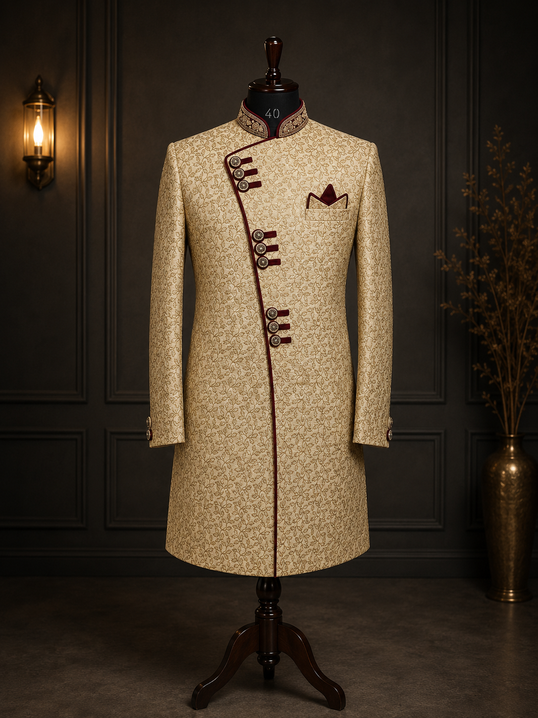 Sherwani in Goud met Bordeaux Details